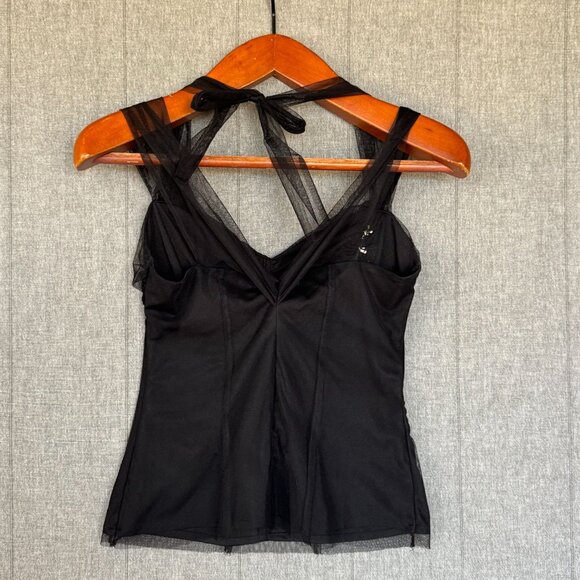 Vintage Y2K Charlotte Russe Black Tulle Satin Floral Applique Off Shoulder Top - Picture 8 of 15